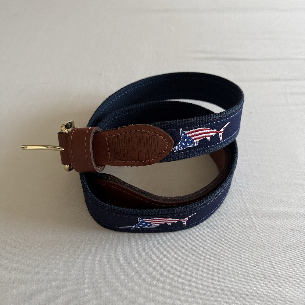 Zep-Pro Belt Mens 38 USA Marlin Fishing‎ Preppy Nautical Boating Brass USA Made